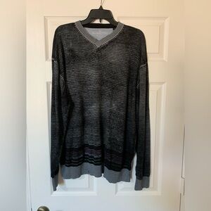 Bugatchi Men's Striped Black and‎ Gray V-Neck Long Sleeve Woven Knit Sweater XXL